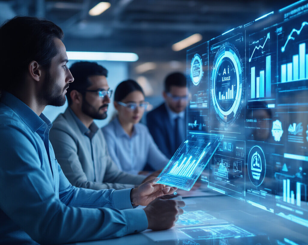 Team analyzing futuristic AI dashboards and digital data for strategic business decisions in a modern tech environment.