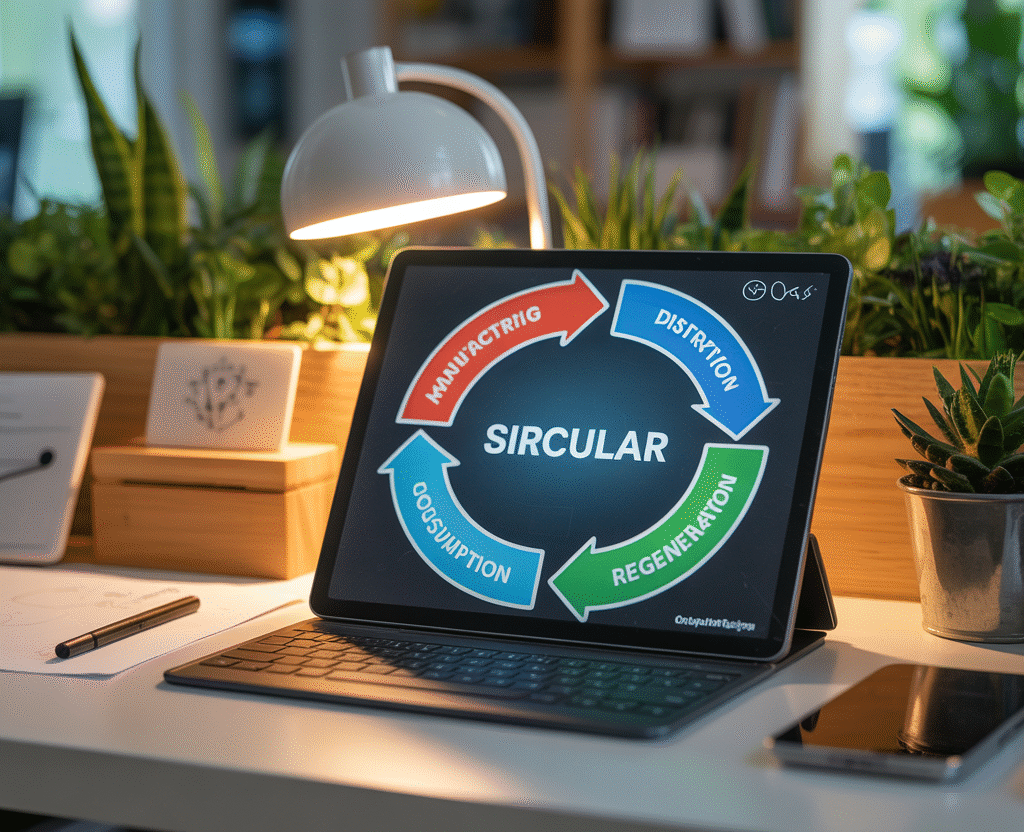 Tablet displaying circular economy lifecycle diagram on a modern eco-friendly office desk.