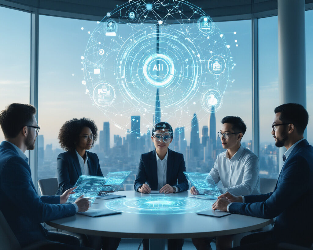 Business team discussing decentralized AI governance with futuristic digital interface in a high-rise office overlooking city skyline.