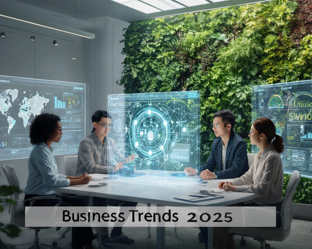 Illustration showing the shift in business trends for 2025 with AI, nature, and collaboration themes