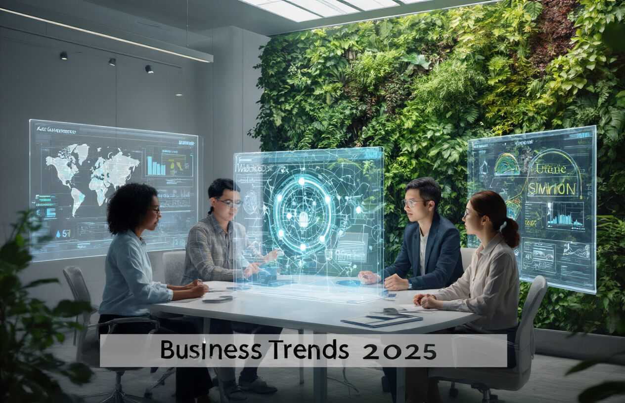 Illustration showing the shift in business trends for 2025 with AI, nature, and collaboration themes