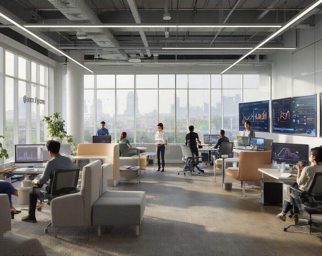 Modern smart office with biophilic design elements and employees working with real-time data dashboards and analytics screens.